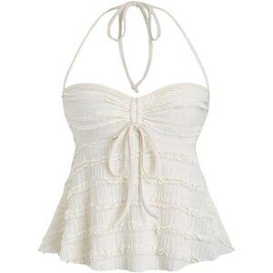 Womens Y2K Peplum Halter Crop Top Ruched Tie Front Spaghetti Strap Cami